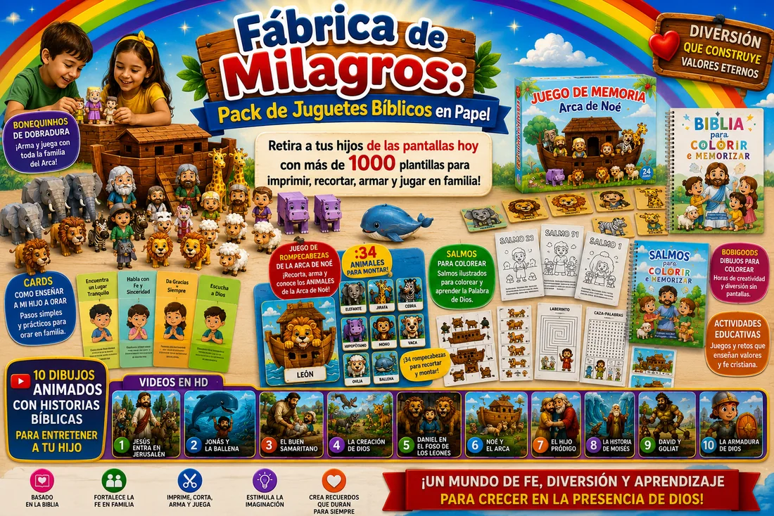 Fábrica de Milagros: pack de juguetes bíblicos en papel con más de 1000 plantillas para imprimir, recortar, armar y jugar en familia.