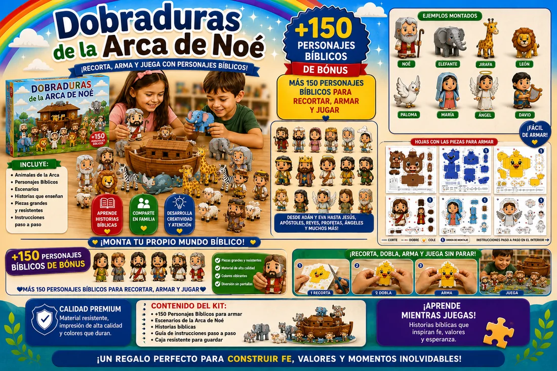 Dobraduras del Arca de Noé: los animales para armar y más de 150 personajes bíblicos de regalo.