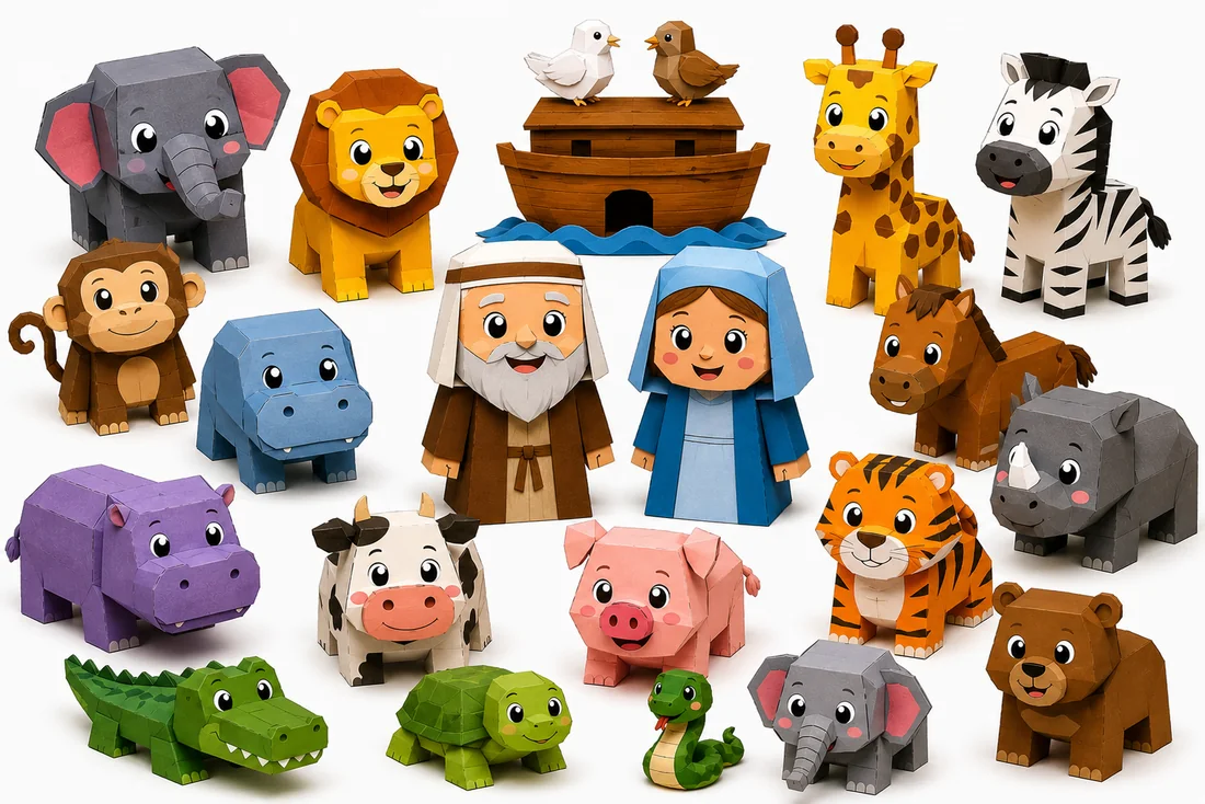 Los animales del Arca ya armados en papel: elefantes, leones, jirafas, cebras, hipopótamos, monos y el arca con Noé.