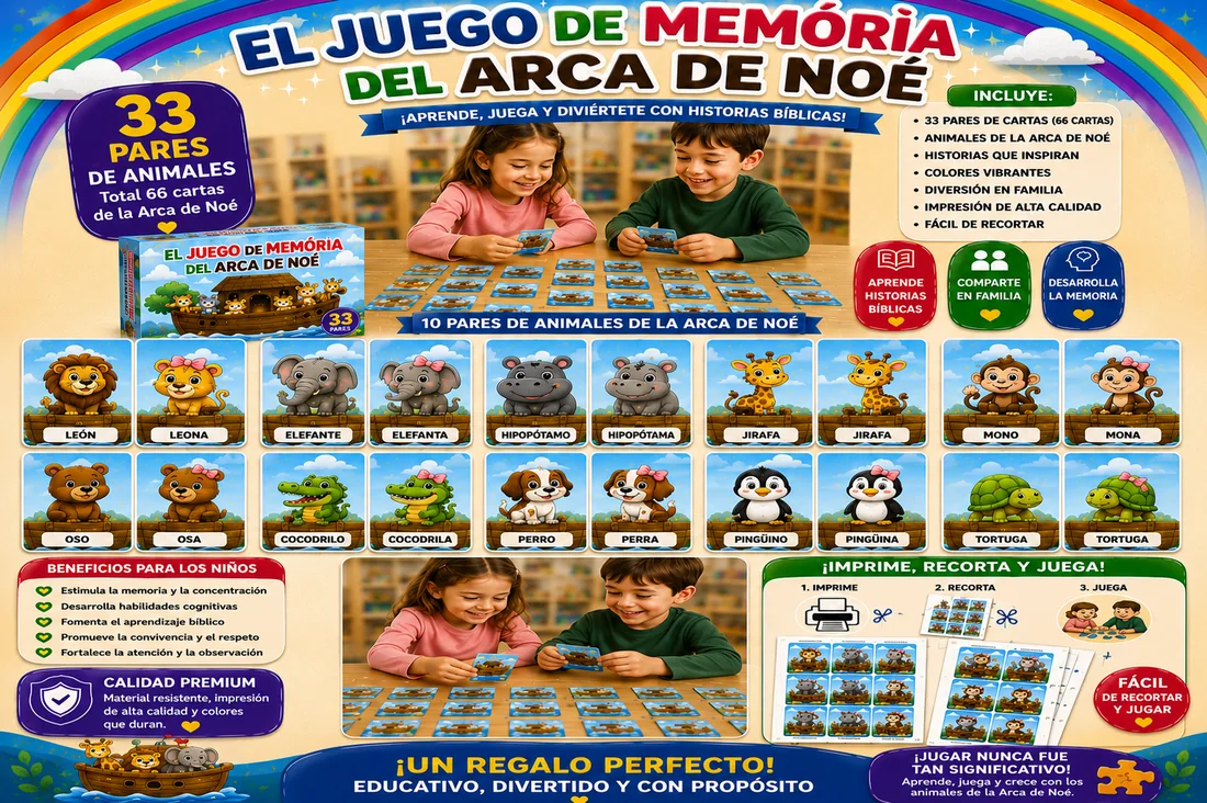 El Juego de Memoria del Arca de Noé: 33 pares de animales, 66 cartas en total.