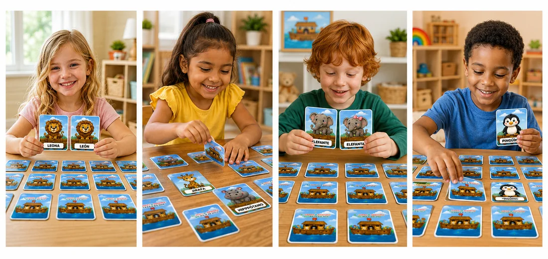 Cuatro niños jugando al juego de memoria con las cartas del Arca sobre la mesa.