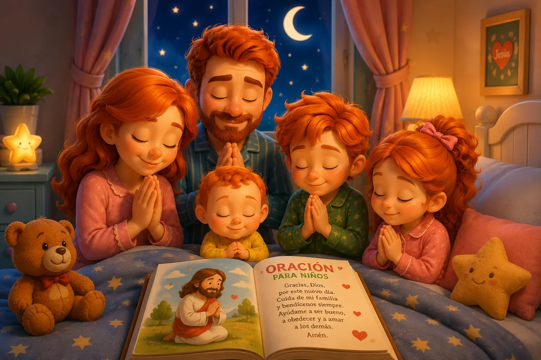 Una familia orando junta con el libro abierto antes de dormir.