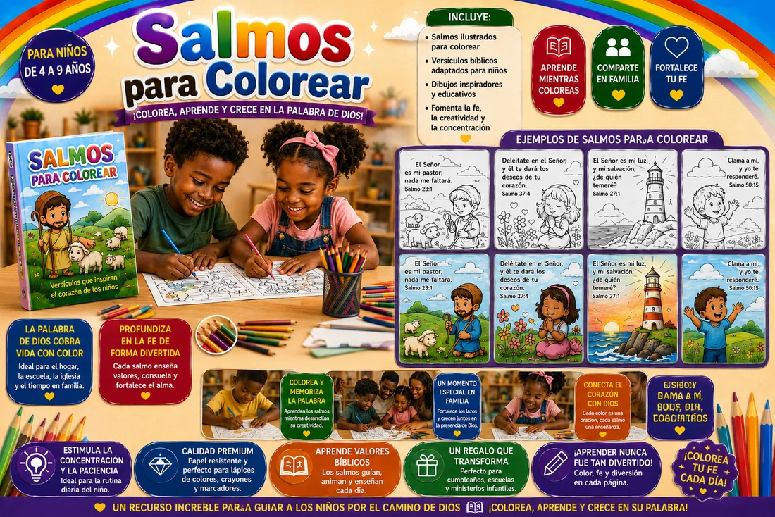Salmos para Colorear: colorea, aprende y crece en la Palabra de Dios, para niños de 4 a 9 años.