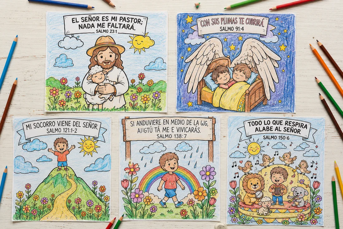 Cinco láminas de salmos para colorear extendidas junto a lápices de colores.