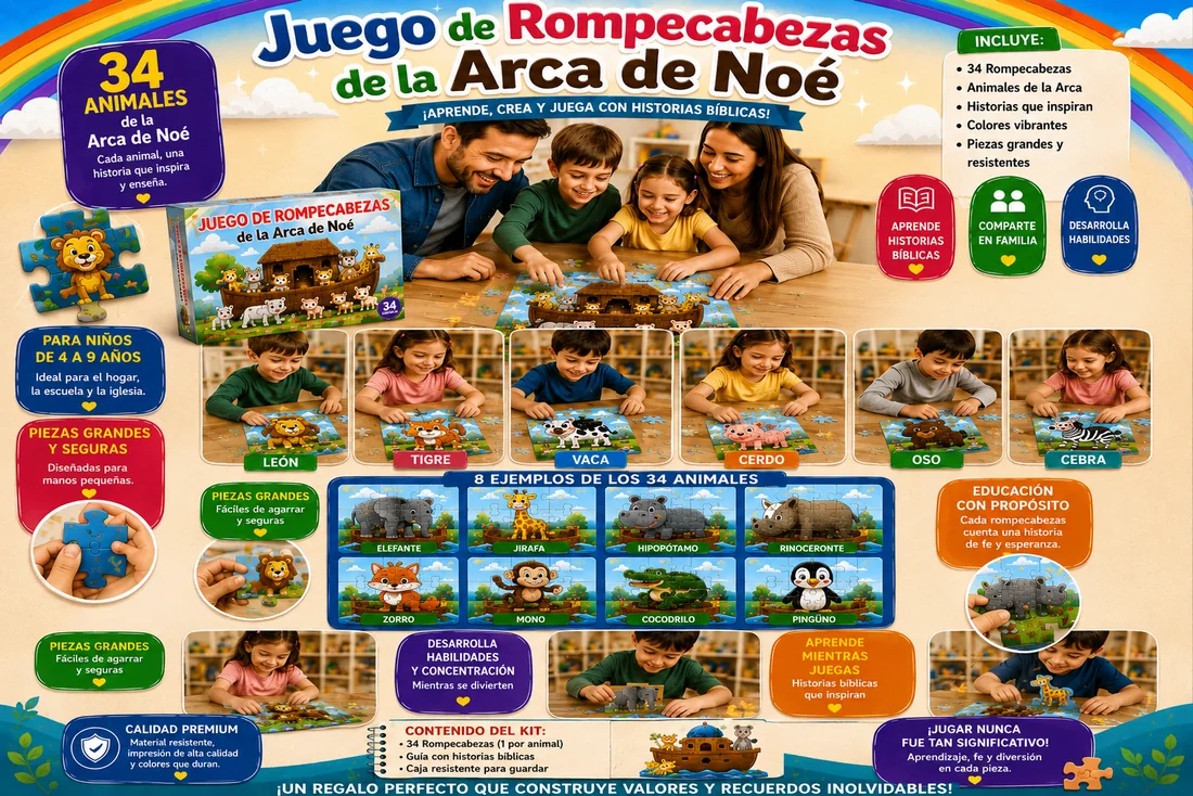 Juego de Rompecabezas de la Arca de Noé: 34 animales, un rompecabezas por animal.
